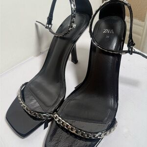 Zara Glossy Black Heels with Silver Accents